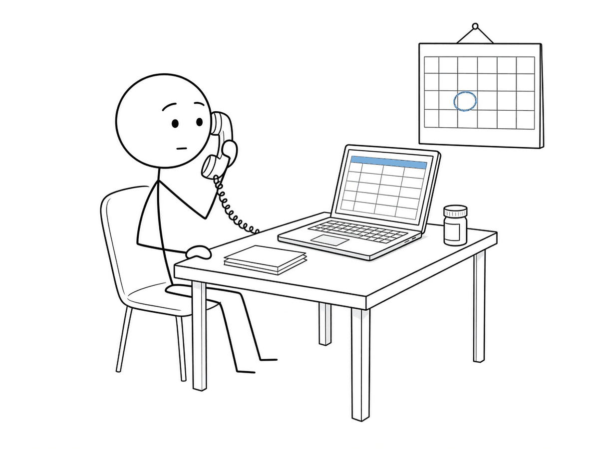 A stick figure at a desk on the phone with an old-fashioned receiver, a laptop open to a blank spreadsheet, a pill bottle on the desk, and a wall calendar with one day circled in light blue