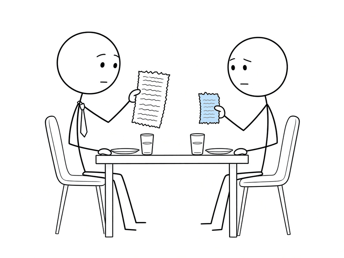 Two stick figures at a restaurant table splitting a receipt: the one in a necktie holds the large piece, the other holds a small light blue piece and looks resigned
