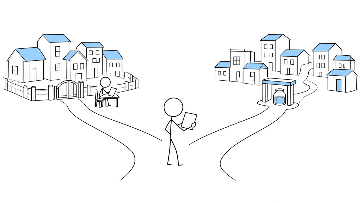 A stick figure at a fork in the road holding a map: on the left, a fenced neighborhood with light blue roofs and a gatekeeper at a desk offering a slip of paper; on the right, a bigger open neighborhood with a toll booth holding a coin jar