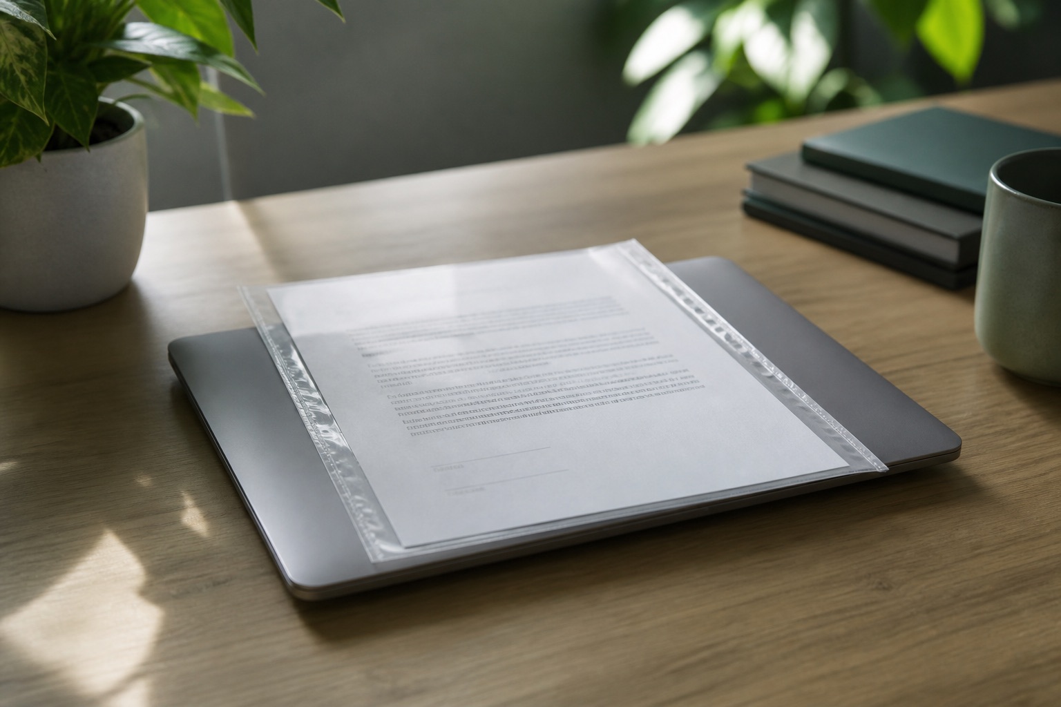 A paper contract in a sleeve resting on a closed laptop