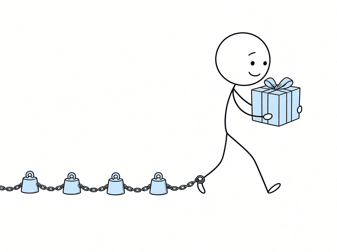 A stick figure walks cheerfully carrying a big light blue present, with a chain trailing from one ankle attached to four small light blue weights spaced out behind them