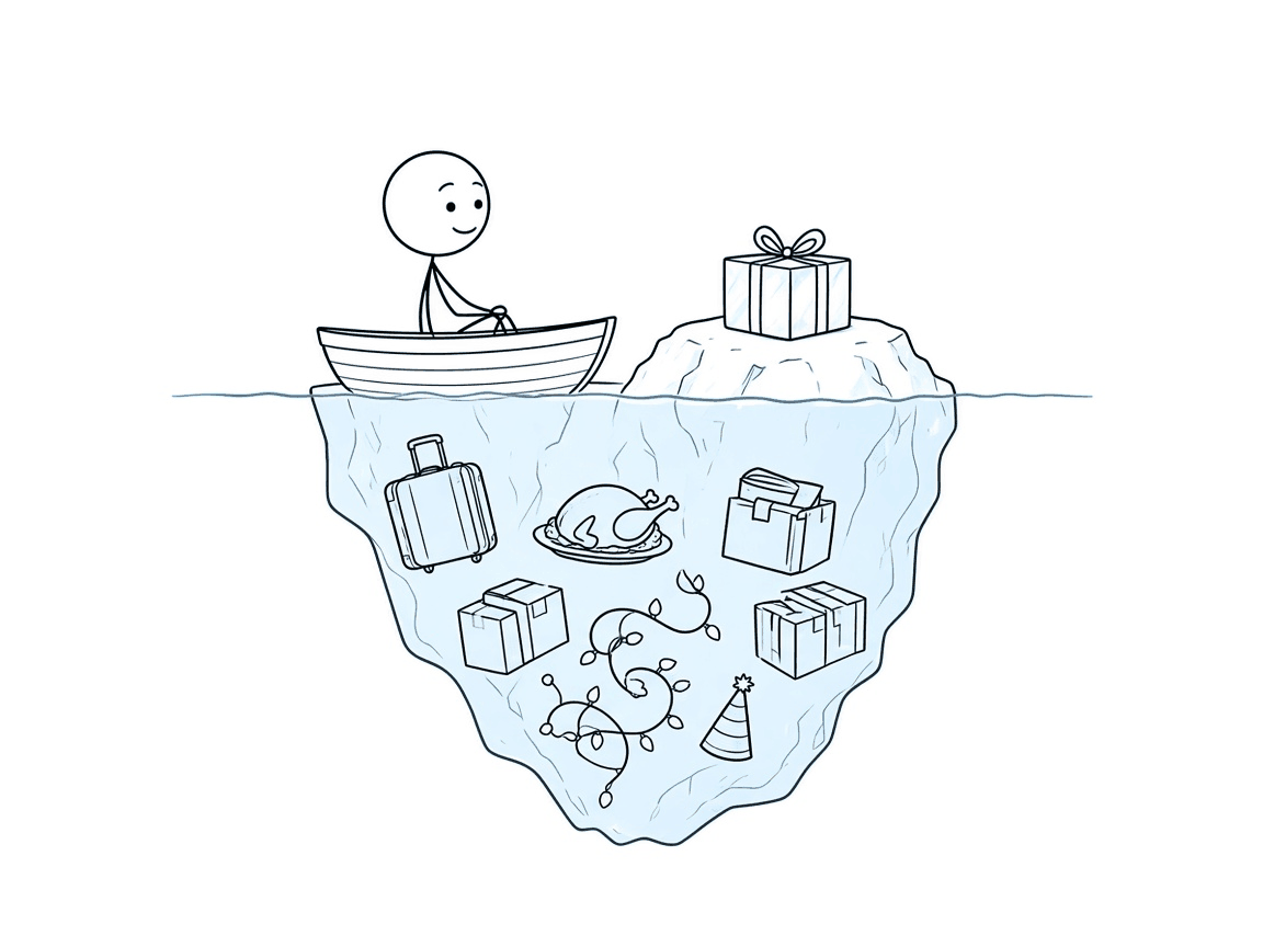 A stick figure in a little rowboat smiles at the tip of an iceberg shaped like a wrapped gift; below the light blue waterline, the much larger hidden part of the iceberg holds a suitcase, a turkey, shipping boxes, string lights and a party hat