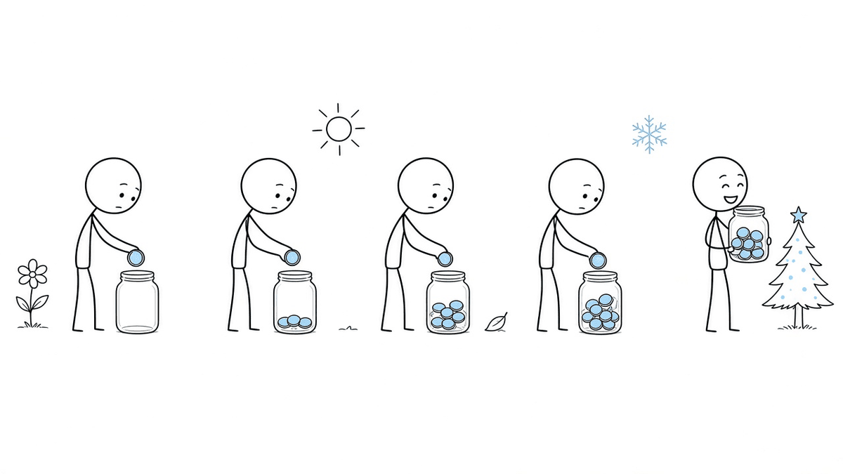 The same stick figure shown several times from left to right through the seasons, from a spring flower to a summer sun to a fall leaf to a winter snowflake, each time dropping a light blue coin into a jar that slowly fills; at the end the figure happily holds the full jar next to a small decorated tree