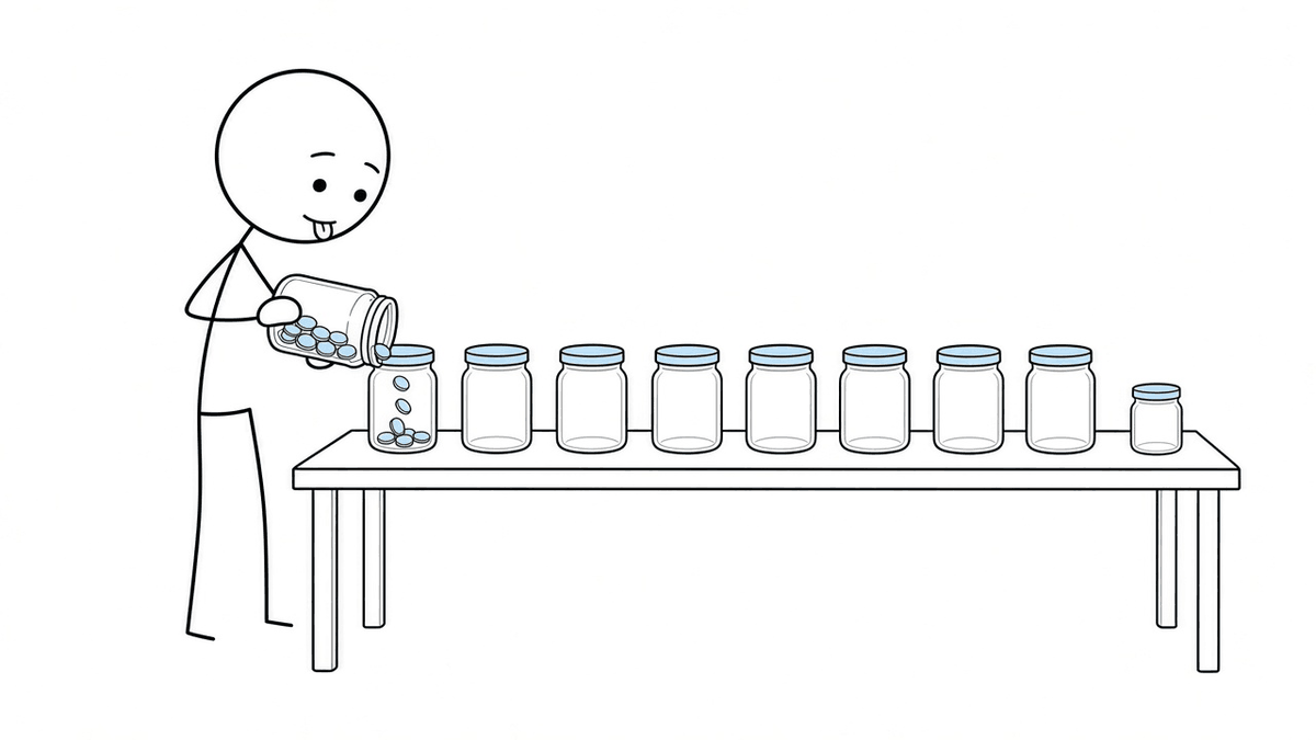 A stick figure at a long table, concentrating carefully, pours light blue coins from one big jar into the first of eight medium jars, with a ninth, smaller jar set slightly apart at the end of the row