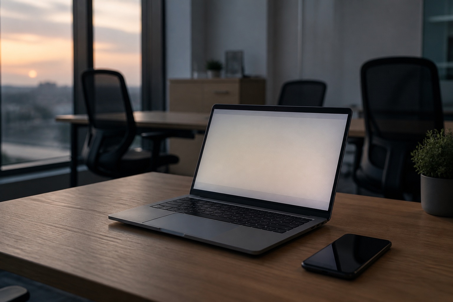 A laptop on a shared desk at dusk, with a phone beside it as if a file just arrived