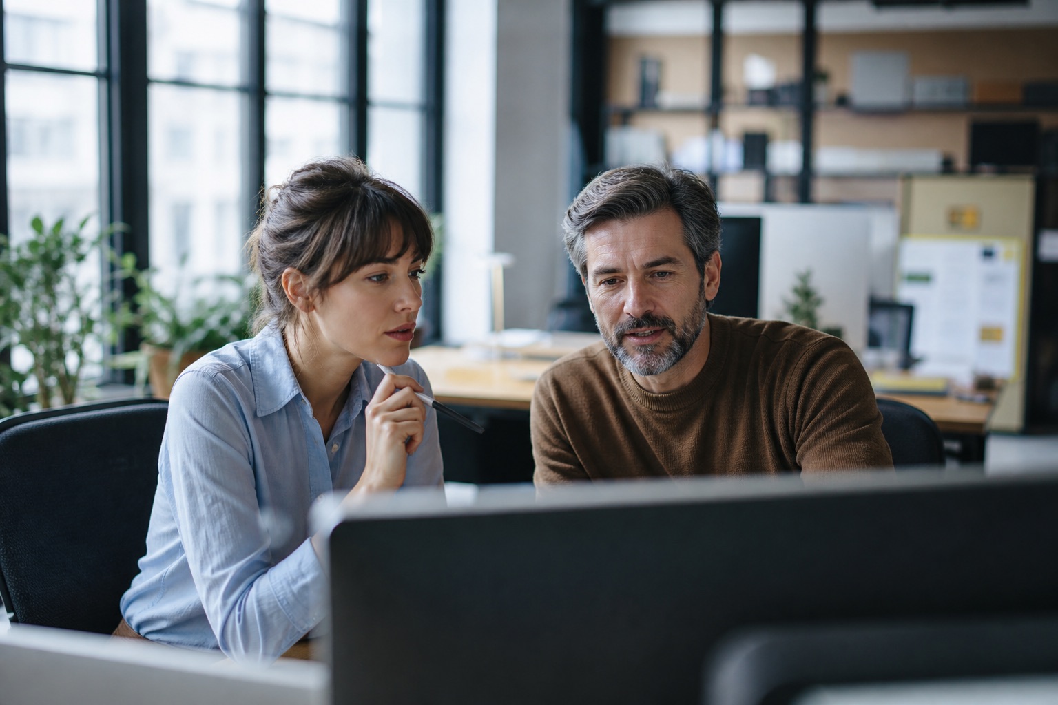Two people looking at one screen together in an office