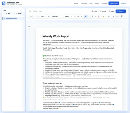 Word文書を編集中の EditDocx ブラウザエディター画面